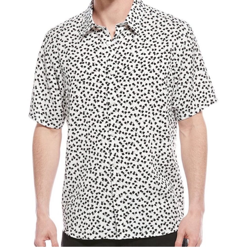 THEORY NWT - Men's White Short-Sleeve Button-Up Shirt with Black Micro Print